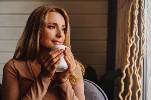 Woman having a coffee and contemplating her future.